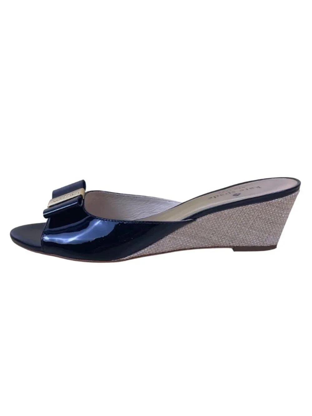 Kate Spade Women’s Black Patent Natural Raffia Bow Dixie Wedge Sandals Size 7.5M